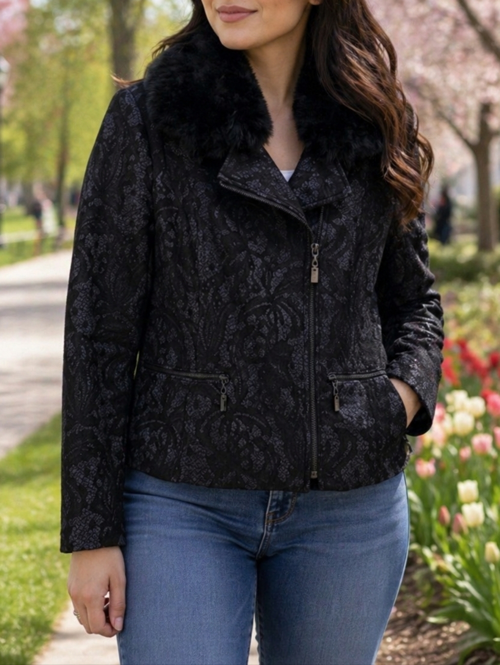 Joseph Ribkoff Black Fitted Brocade Jacket with Faux Fur Collar